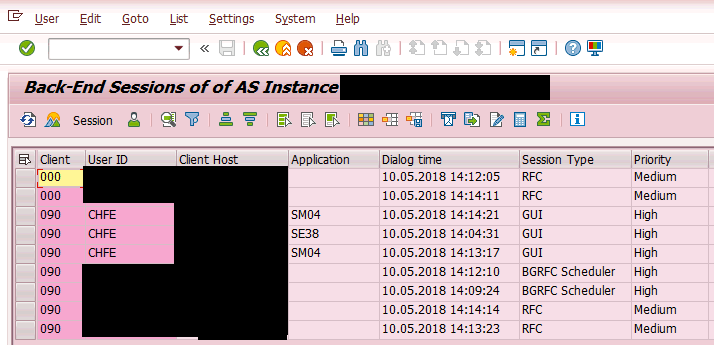 List of user sessions on the server.